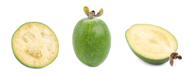 Image of Set of fresh ripe feijoas on white background. Banner design