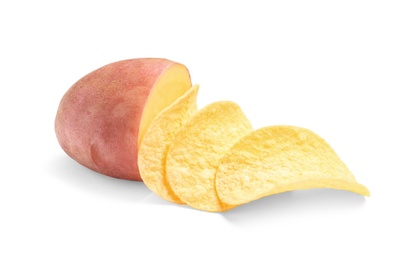 Raw potato and tasty chips on white background