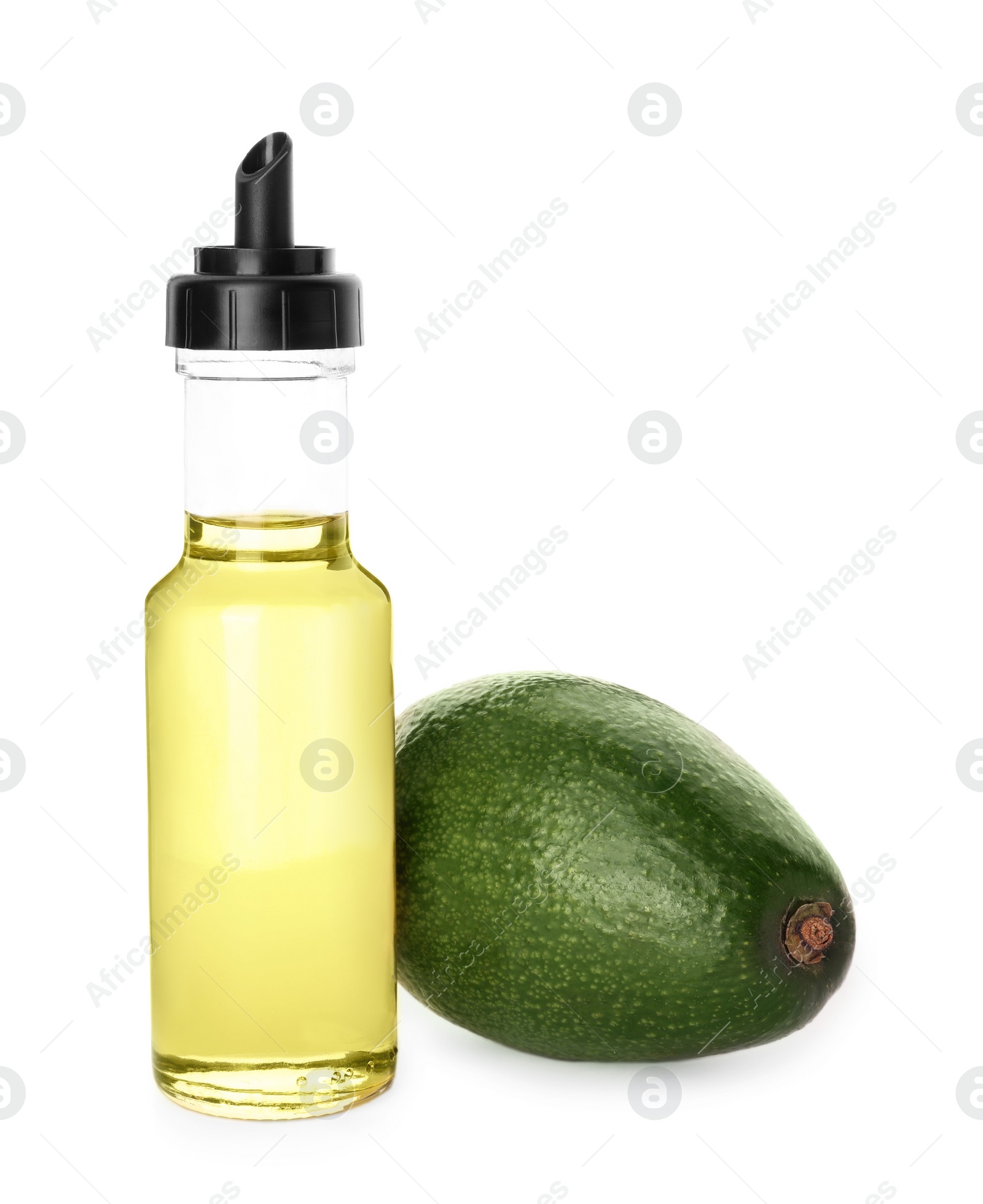 Photo of Cooking oil and fresh avocado isolated on white