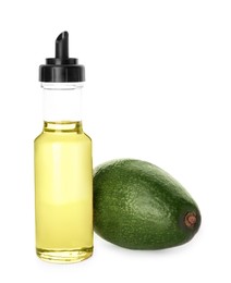 Photo of Cooking oil and fresh avocado isolated on white