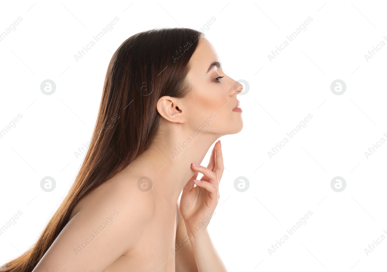 Photo of Young woman with beautiful face on white background