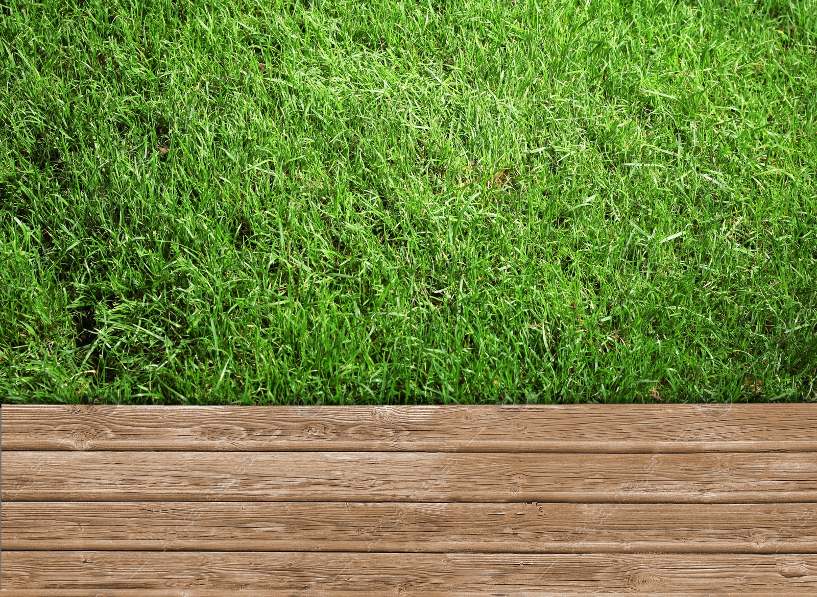 Image of Fresh green grass and wooden surface outdoors, top view