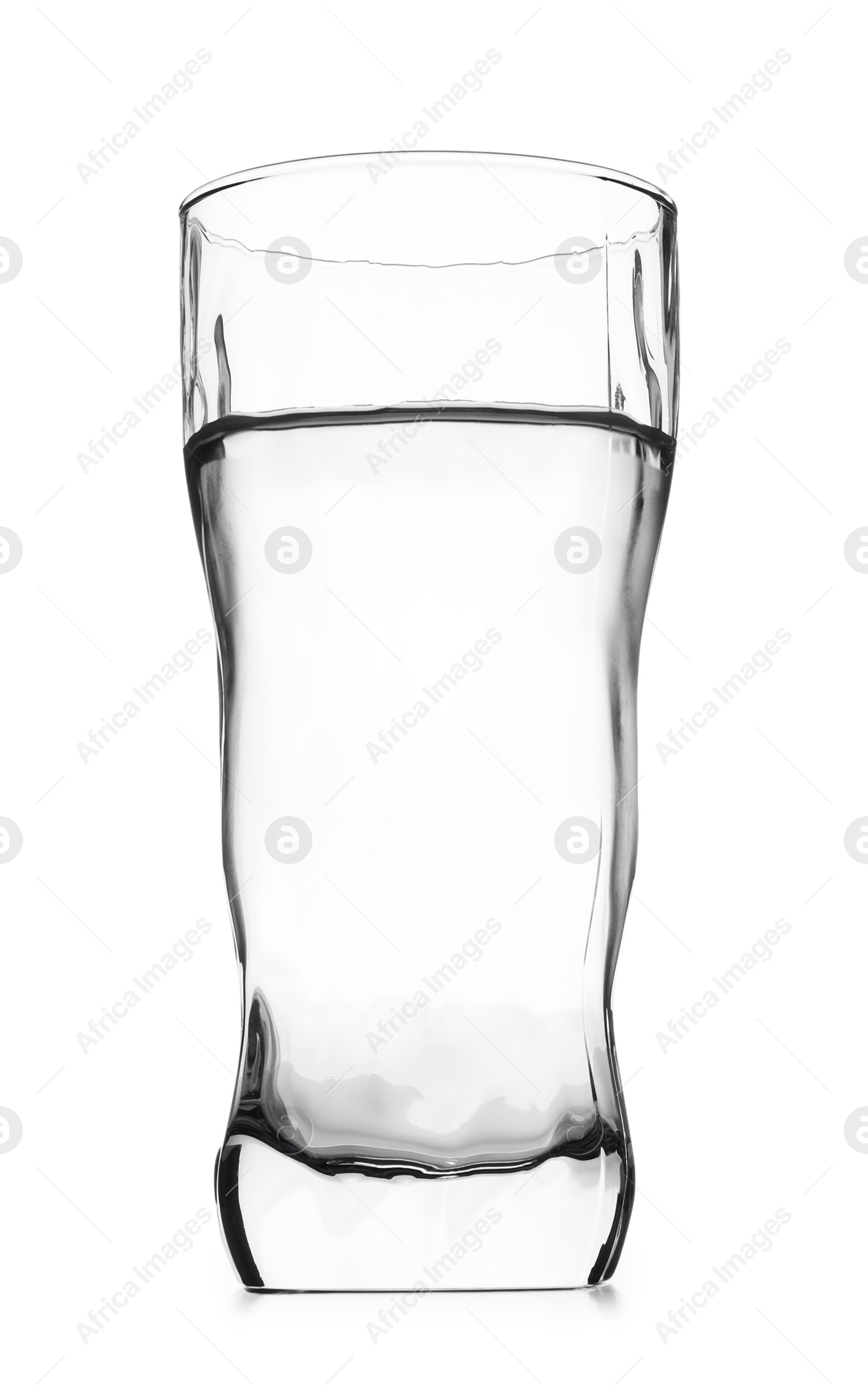 Photo of Glass of cold clear water on white background. Refreshing drink