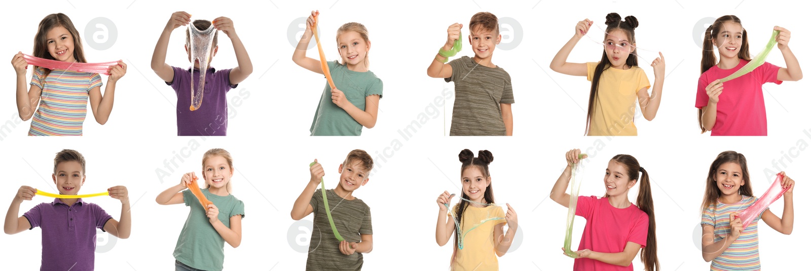 Image of Collage of children with different slimes on white background 