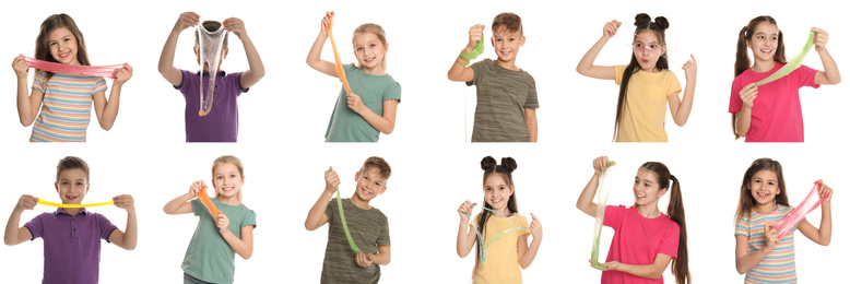 Collage of children with different slimes on white background 