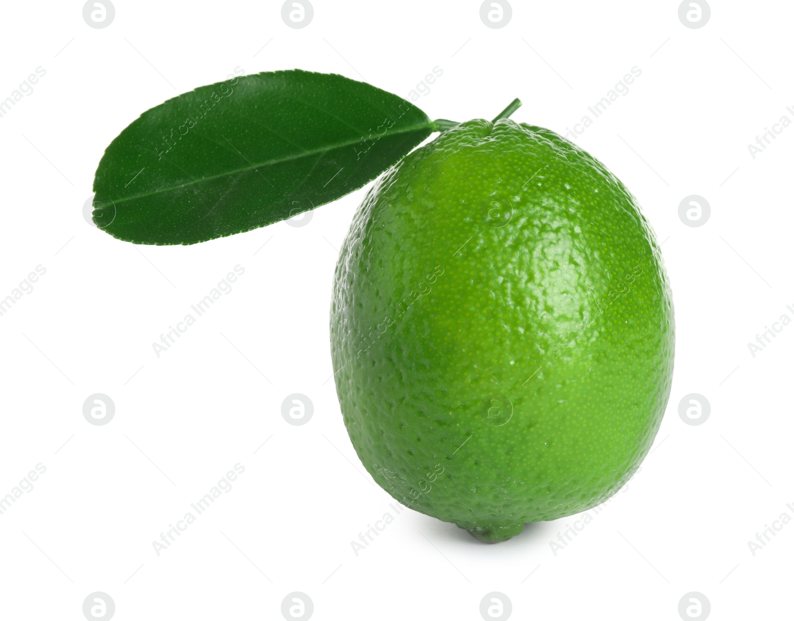 Photo of Fresh ripe lime with green leaf isolated on white