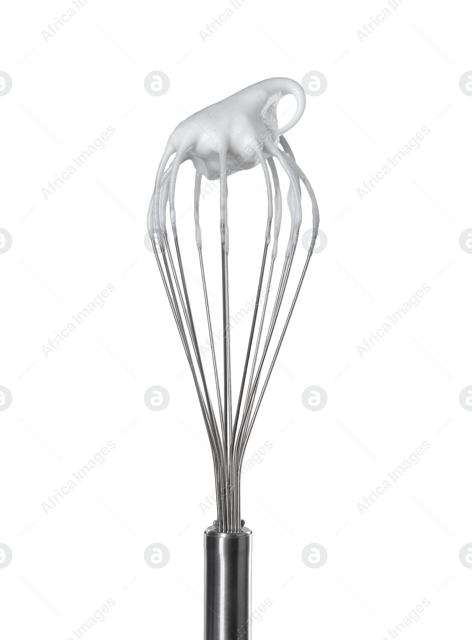 Photo of Whisk with whipped egg whites isolated on white