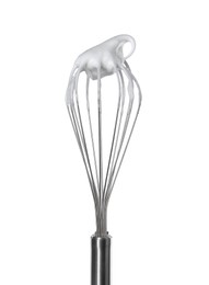 Photo of Whisk with whipped egg whites isolated on white