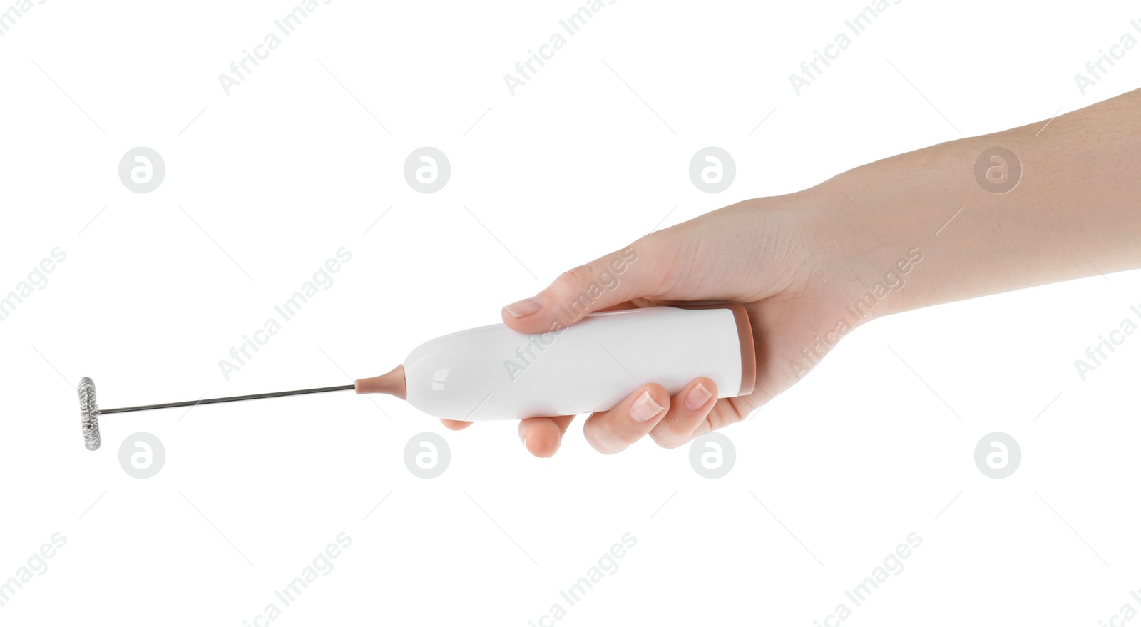 Photo of Woman holding milk frother wand on white background, closeup