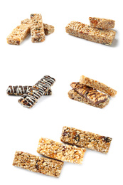 Image of Set with different grain cereal bars on white background 