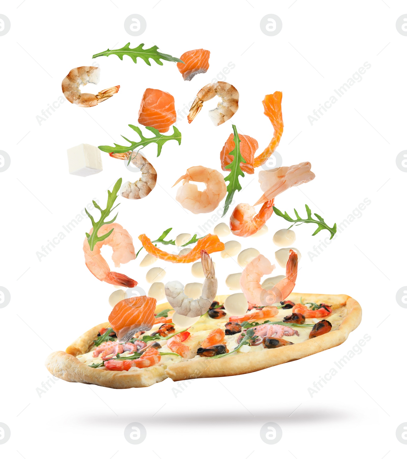 Image of Delicious pizza with flying ingredients on white background