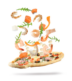 Image of Delicious pizza with flying ingredients on white background