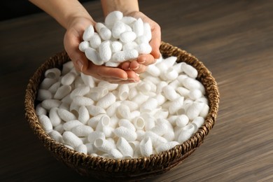 Woman holding white silk cocoons over bowl on wooden table, closeup