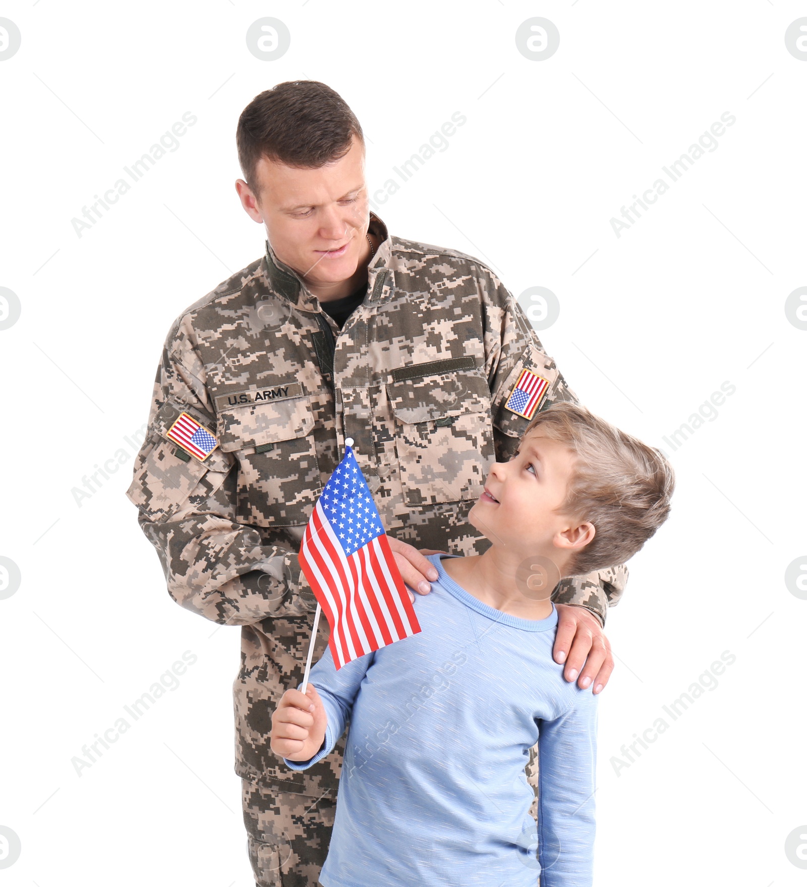 Photo of Male soldier with his son on white background. Military service