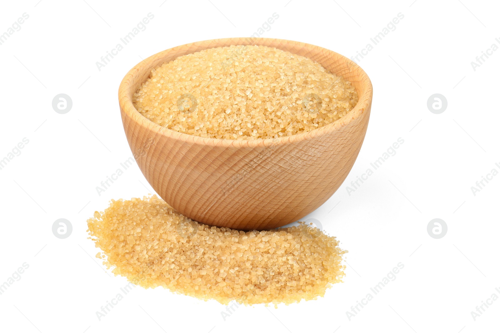 Photo of Brown sugar in wooden bowl isolated on white