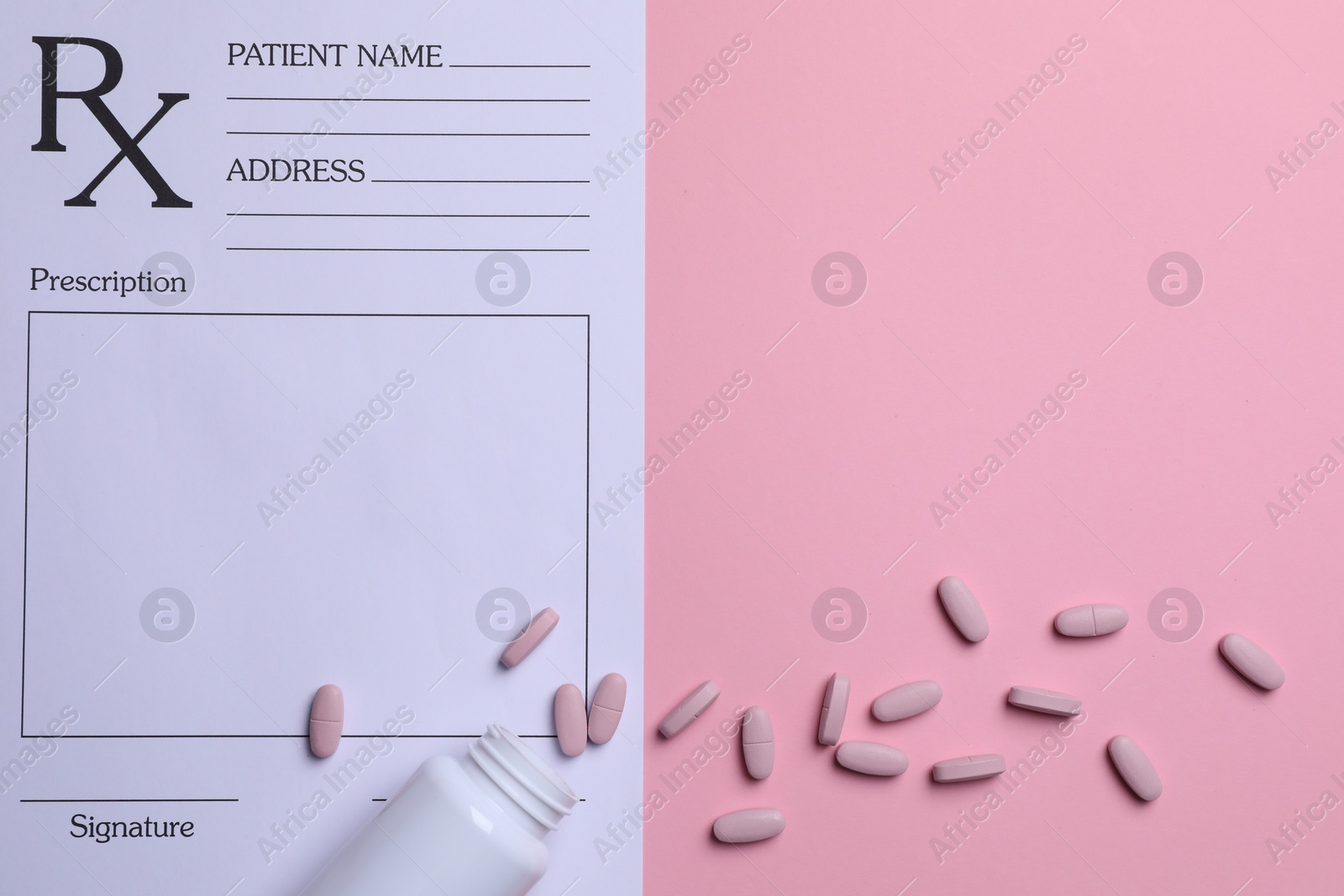 Photo of Medical prescription form, pills and bottle on pink background, flat lay. Space for text