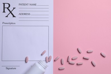 Photo of Medical prescription form, pills and bottle on pink background, flat lay. Space for text