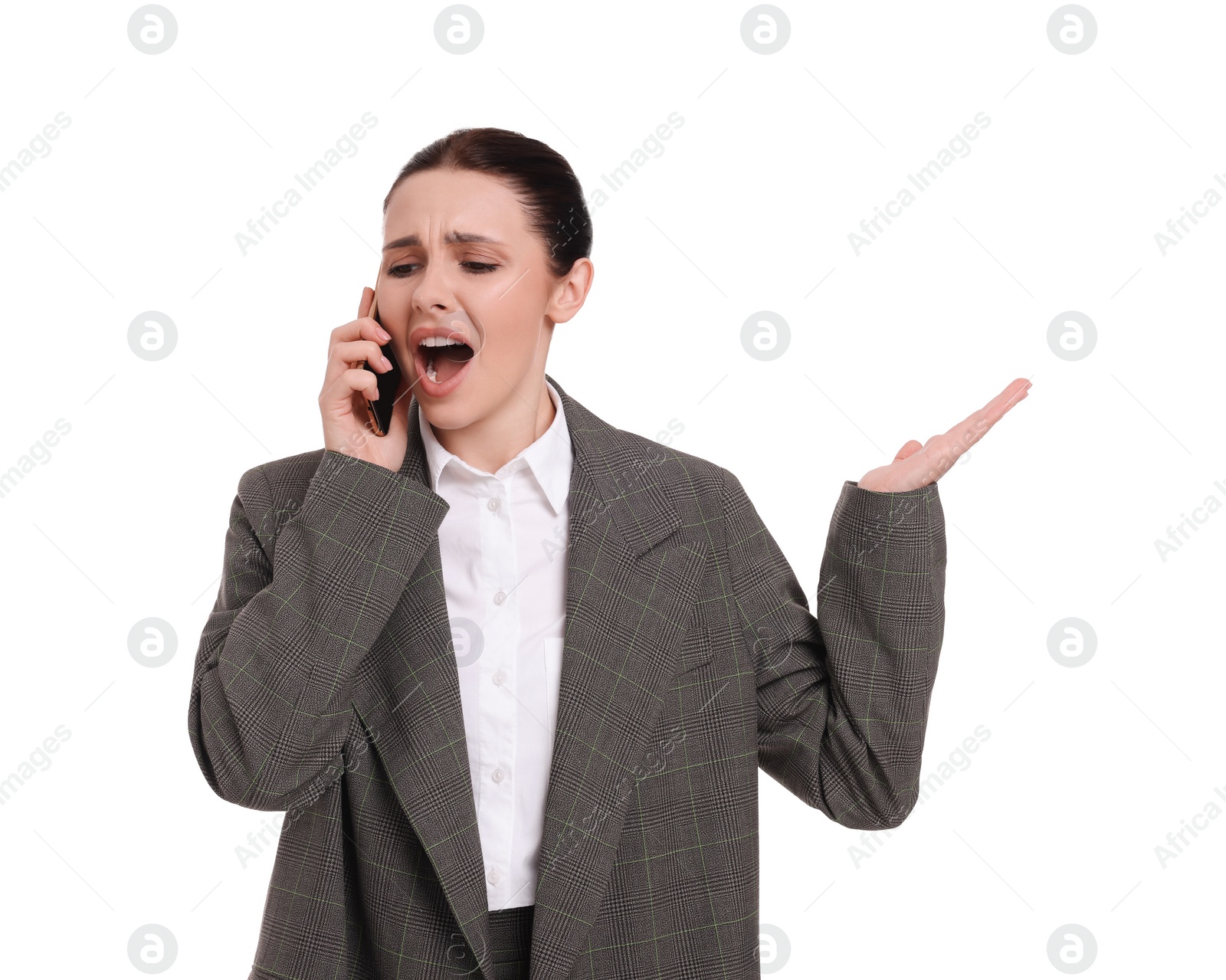 Photo of Beautiful emotional businesswoman using smartphone on white background