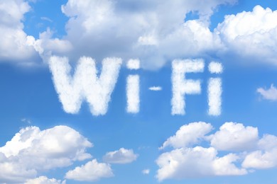 Image of Clouds in shape of word WI-FI against blue sky