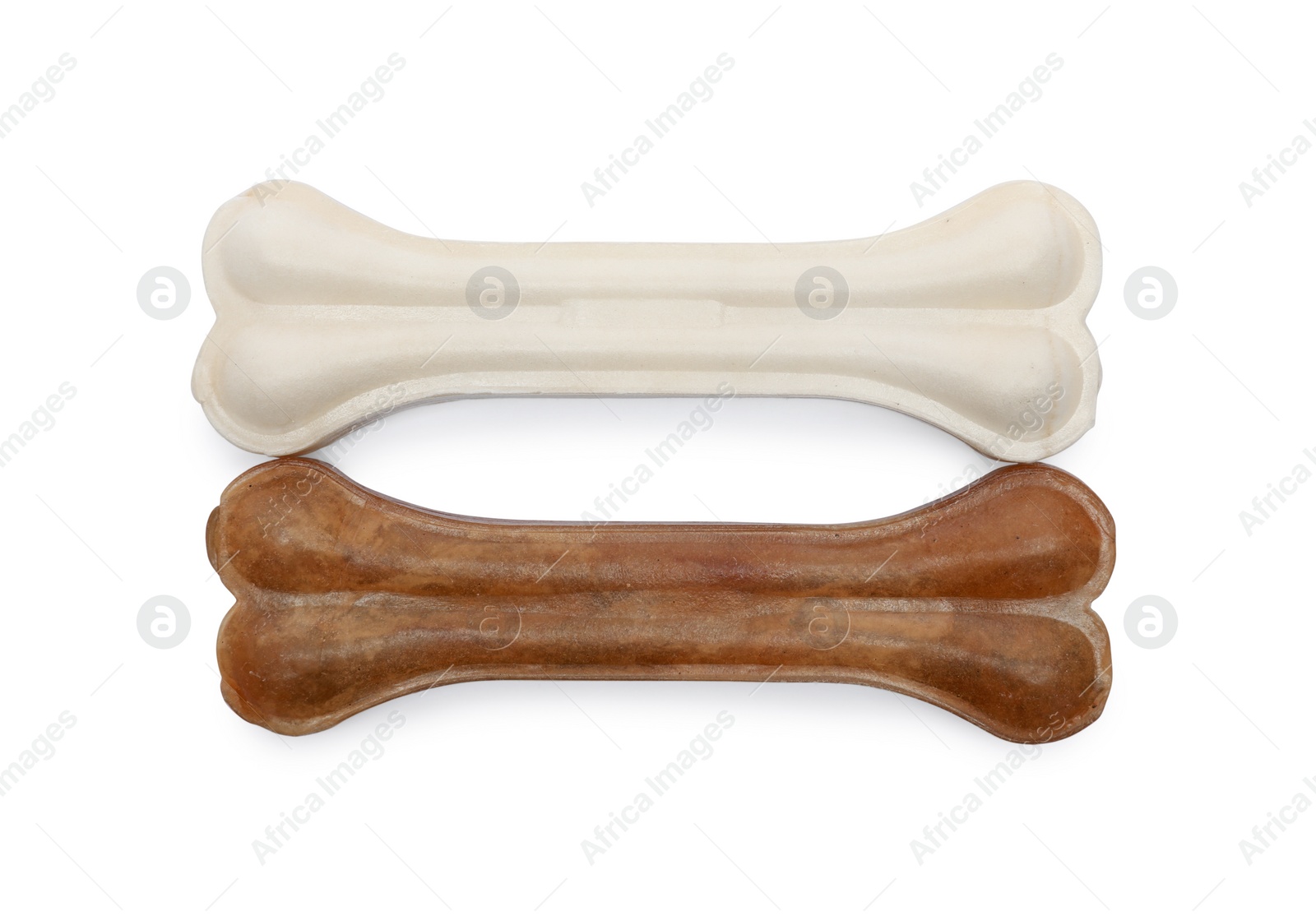 Photo of Bone dog treats isolated on white, top view