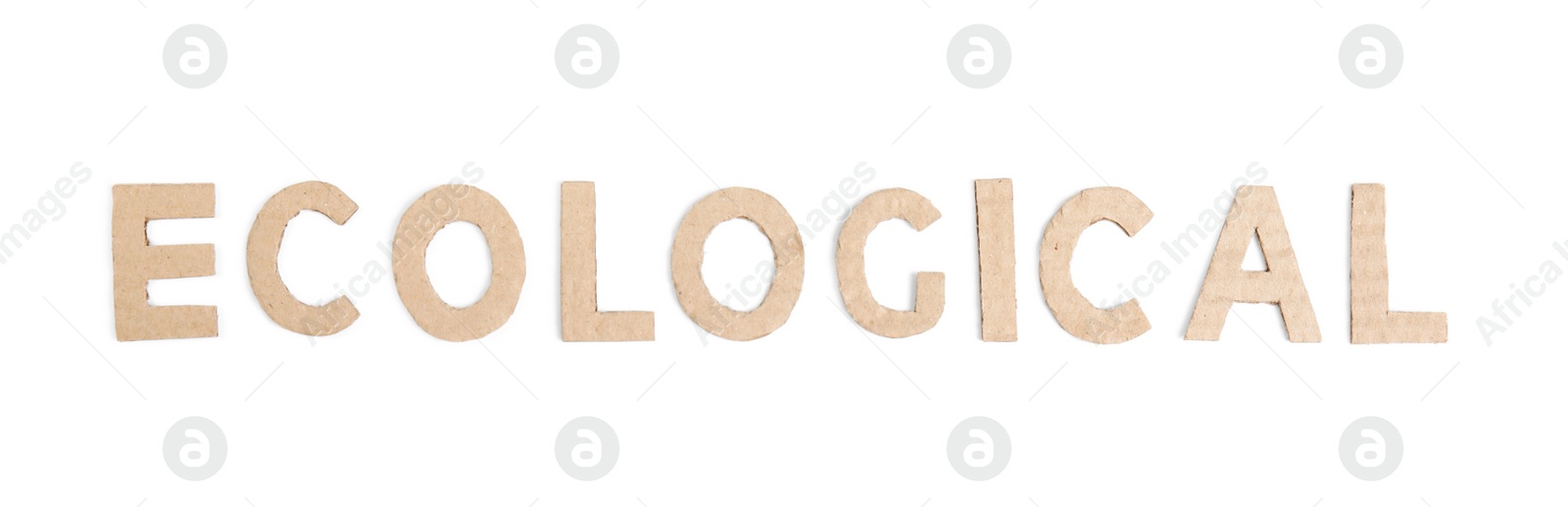 Photo of Word ECOLOGICAL made of cardboard isolated on white, top view