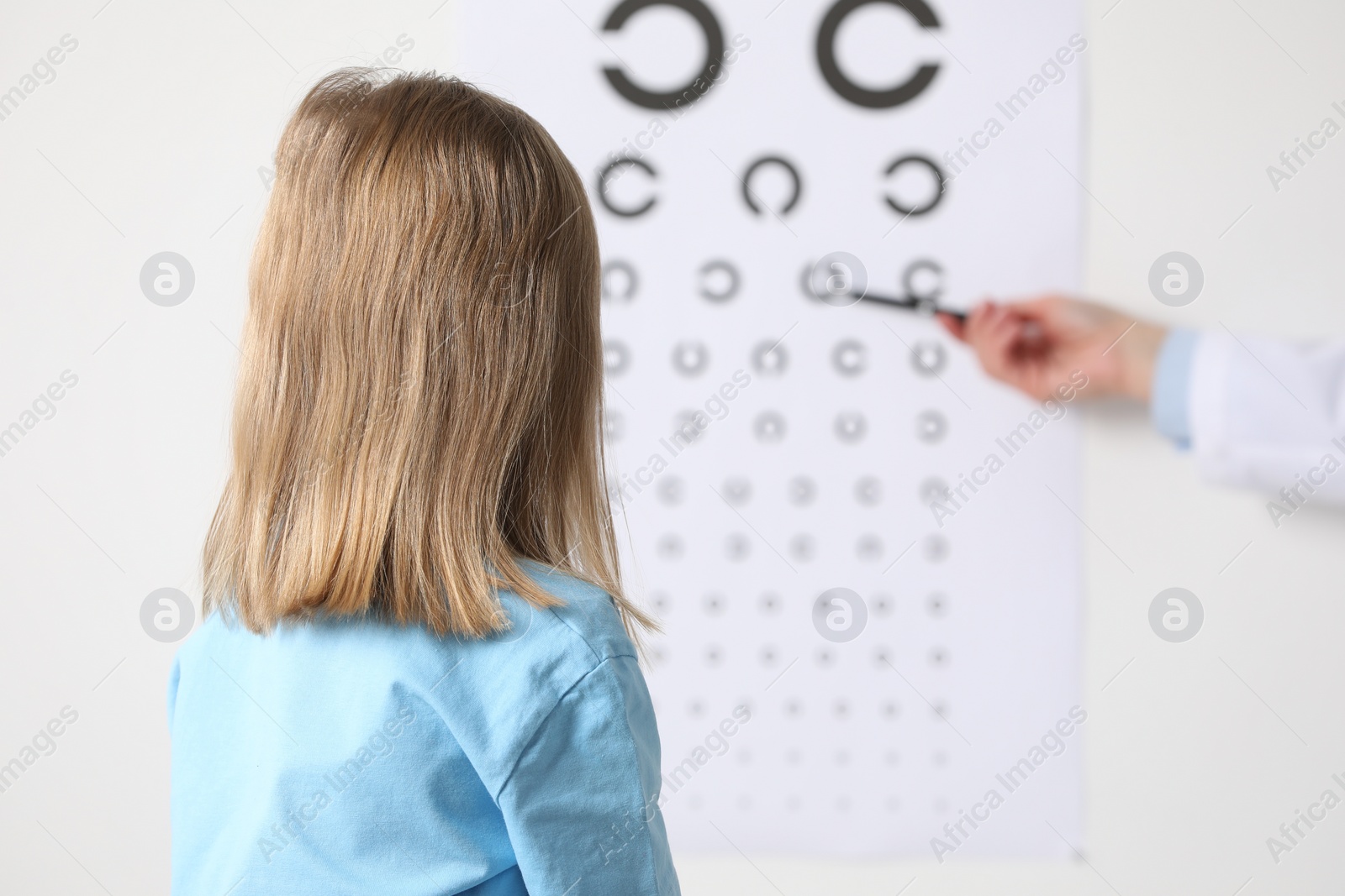 Photo of Ophthalmologist testing little girl's vision in clinic, back view