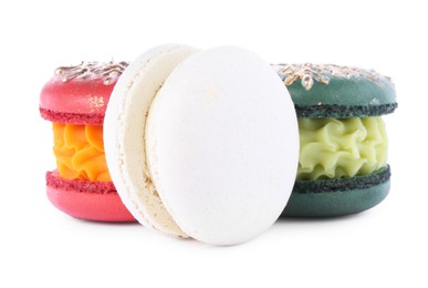 Beautifully decorated Christmas macarons isolated on white