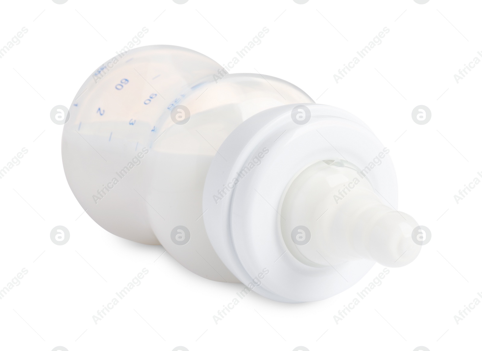 Photo of Feeding bottle with dairy free infant formula on white background, closeup