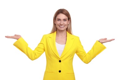Photo of Beautiful happy businesswoman welcoming on white background