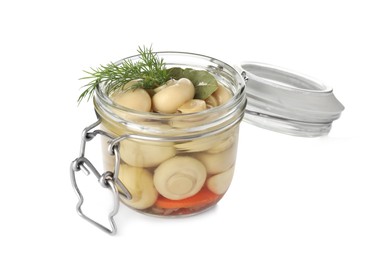 Jar with marinated mushrooms and dill isolated on white