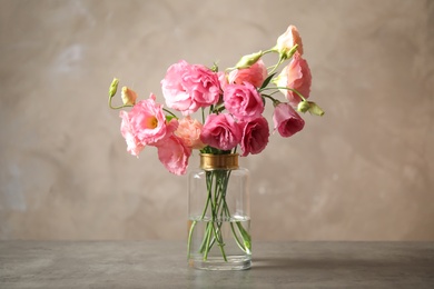 Beautiful pink Eustoma flowers in vase on table against grey background