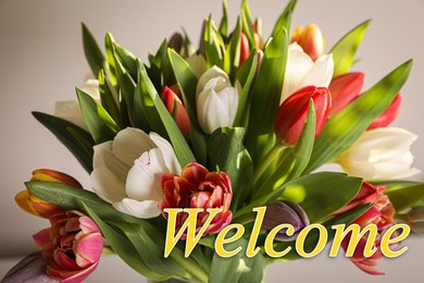 Welcome card. Bouquet of beautiful tulip flowers and word on light background, closeup