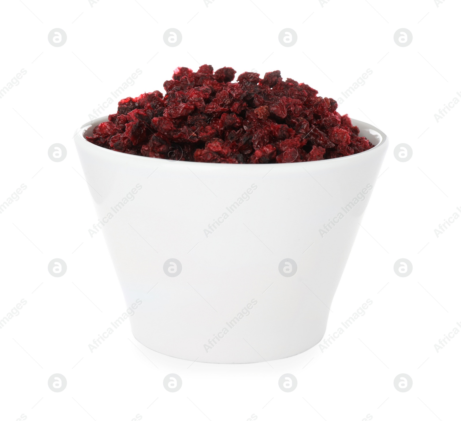 Photo of Dried red currants in bowl isolated on white