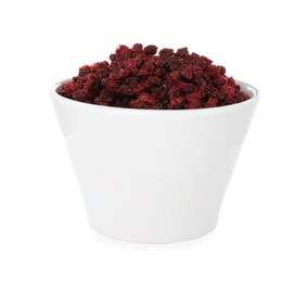 Photo of Dried red currants in bowl isolated on white