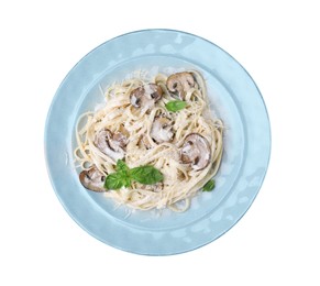 Photo of Delicious pasta with mushrooms on white background, top view