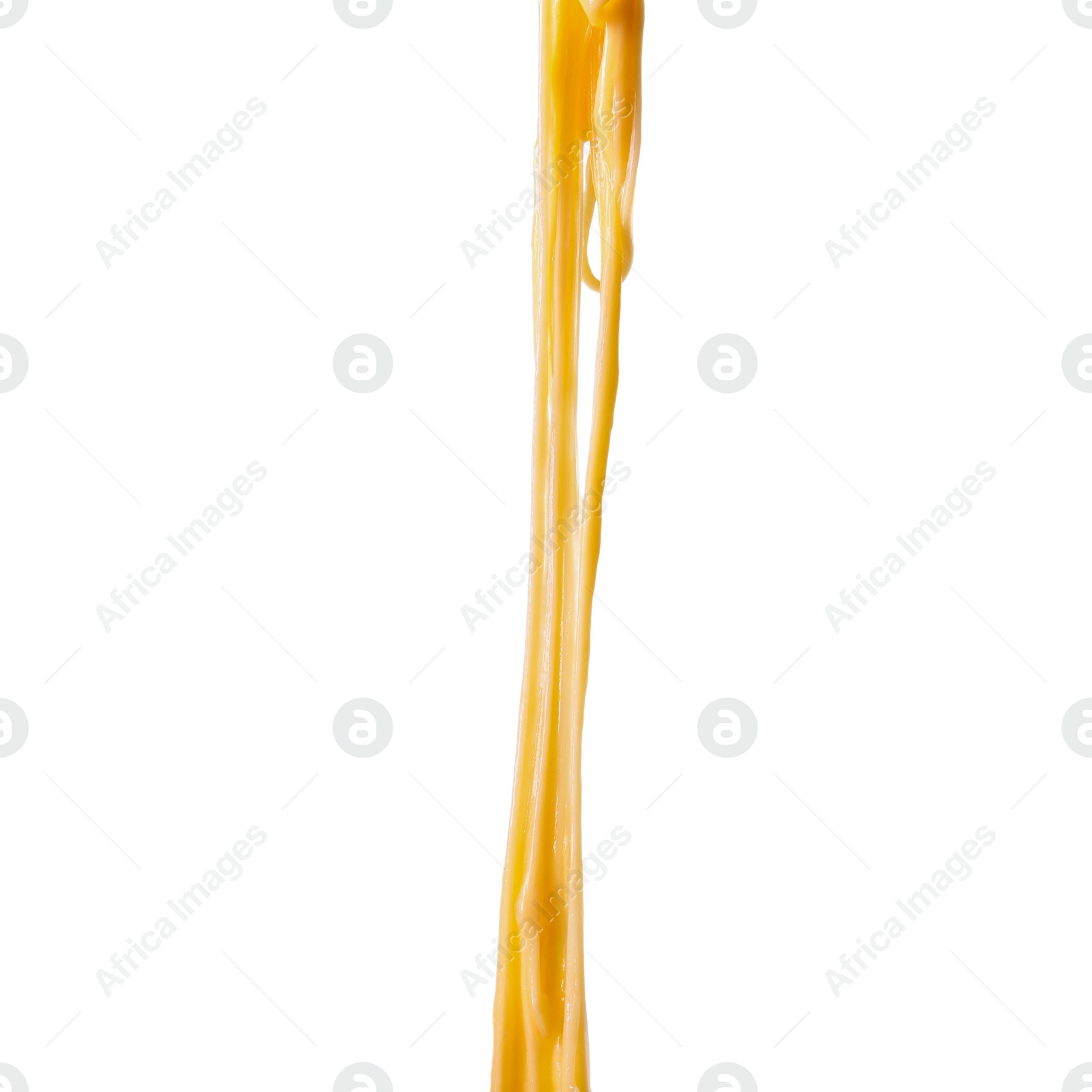 Photo of Stretching delicious melted cheese isolated on white