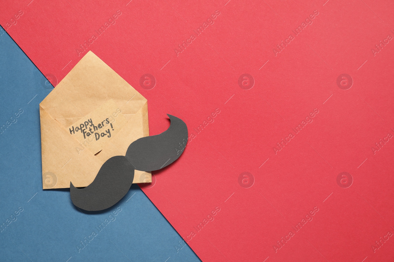 Photo of Card with phrase Happy Father's Day and paper mustache on color background, top view. Space for text