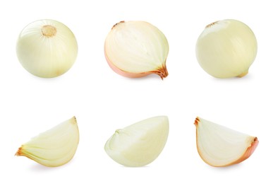 Image of Collage with fresh onions on white background