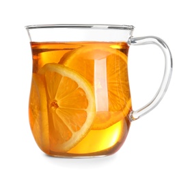 Photo of Cup of tea with lemon on white background