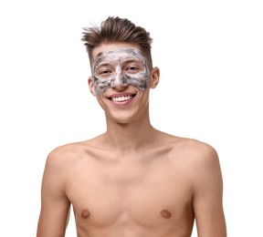 Photo of Handsome man with clay mask on his face against white background