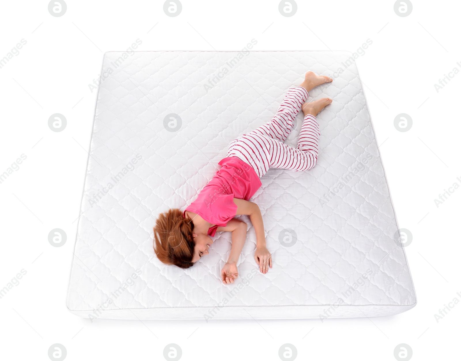 Photo of Woman sleeping on mattress against white background, above view