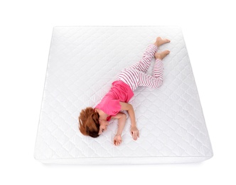 Woman sleeping on mattress against white background, above view