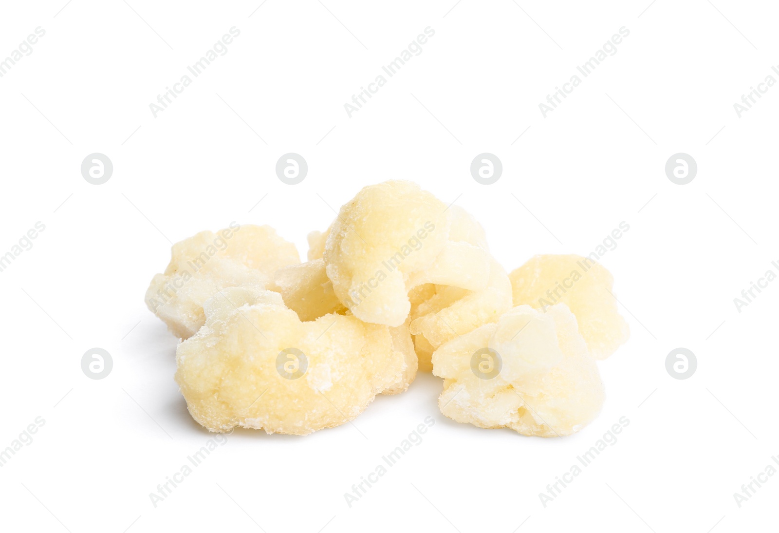 Photo of Frozen cauliflower florets isolated on white. Vegetable preservation