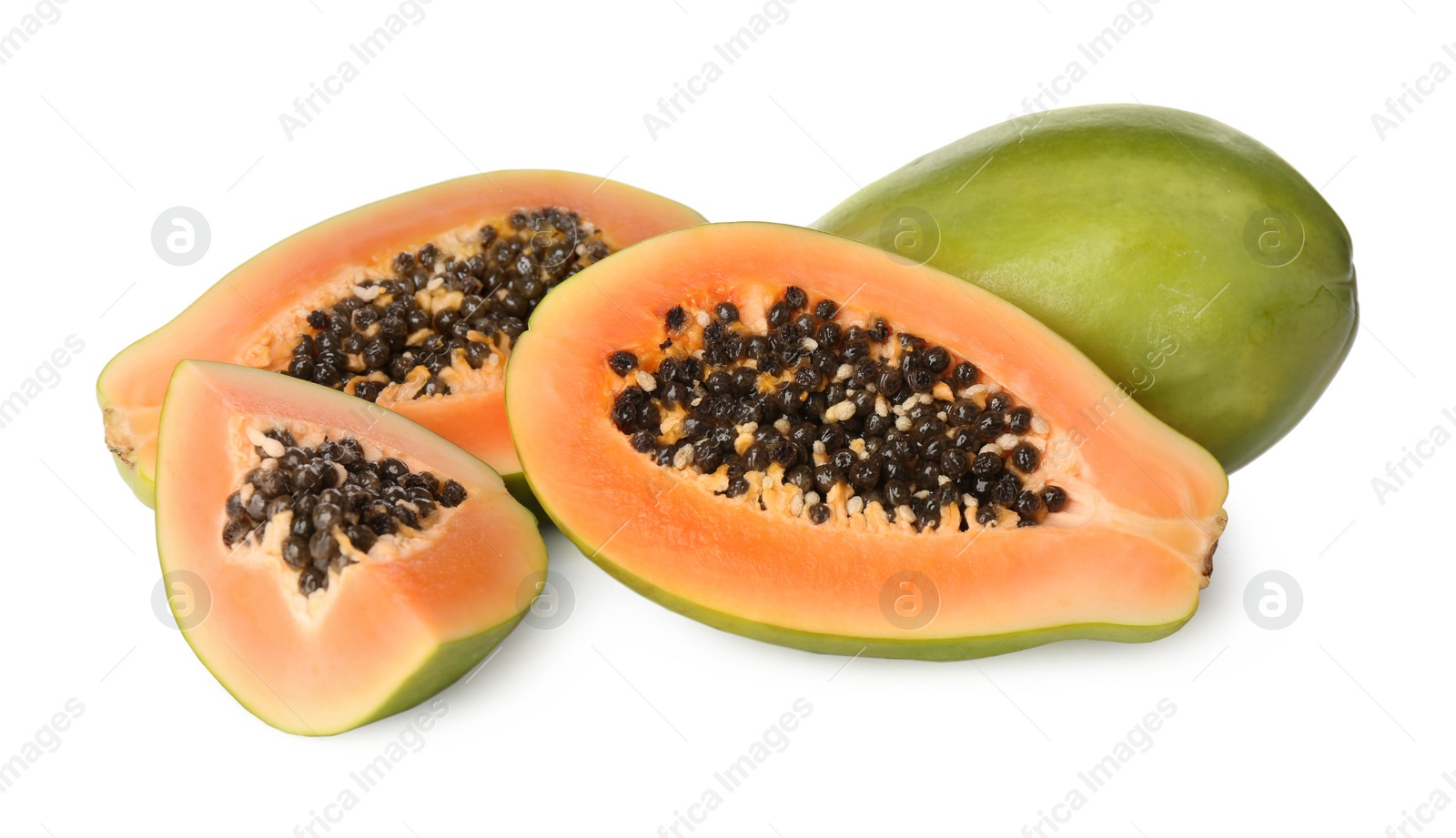 Photo of Fresh ripe papaya fruits on white background