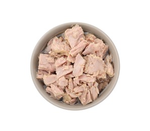 Bowl with canned tuna isolated on white, top view