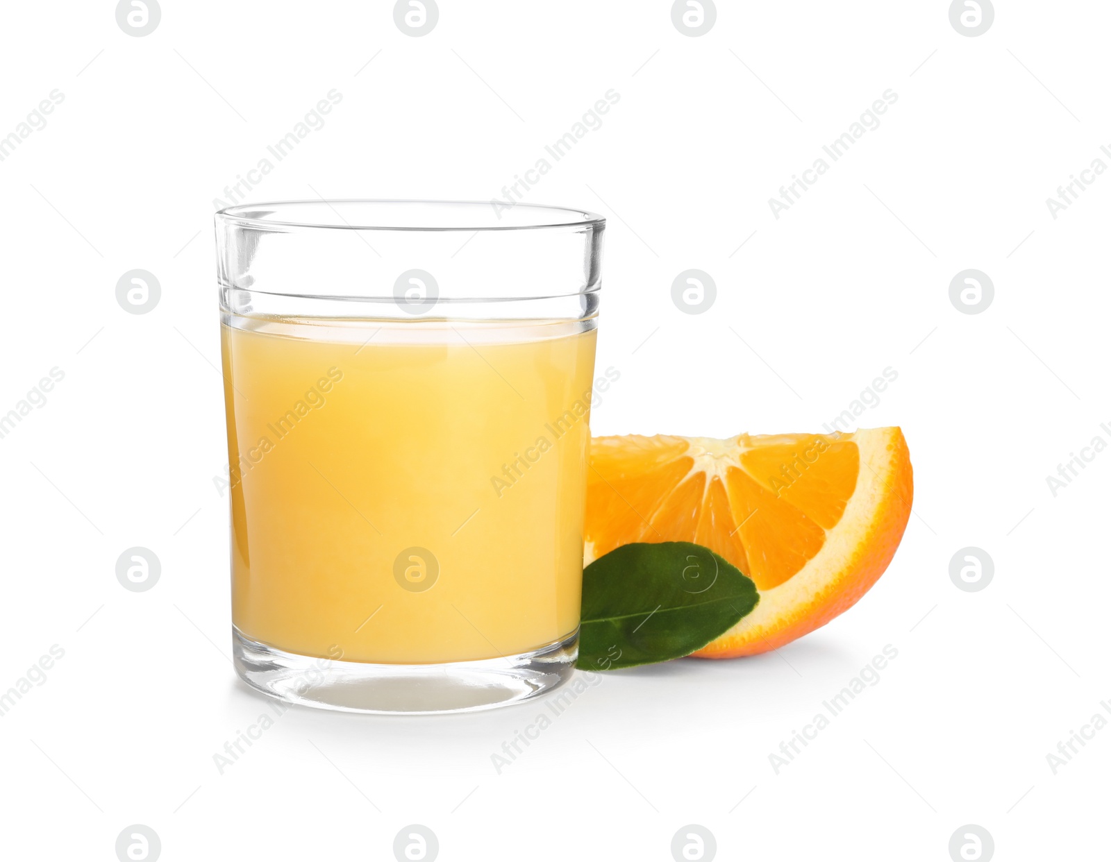 Photo of Glass of orange juice and fresh fruit on white background