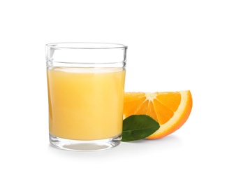 Photo of Glass of orange juice and fresh fruit on white background