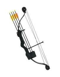 Black bow and plastic arrows on white background. Archery sports equipment
