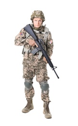 Photo of Male soldier with machine gun on white background. Military service