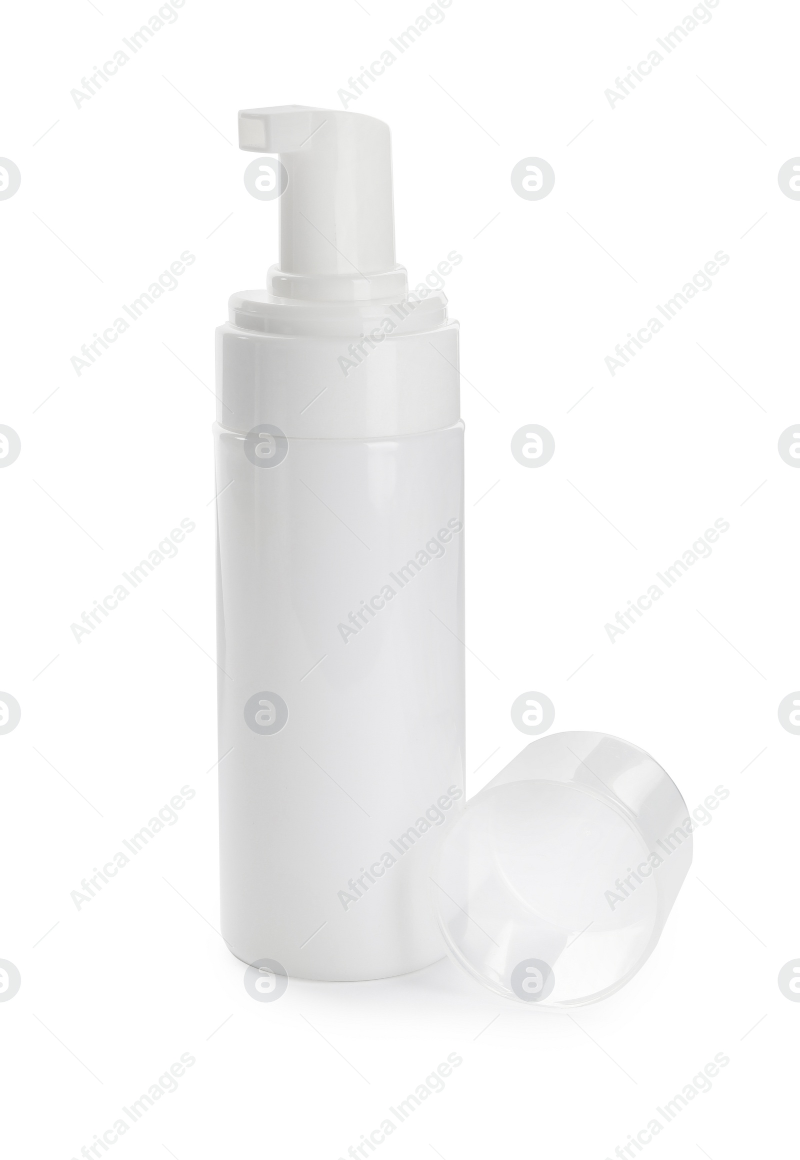 Photo of Blank bottle of shoe care product isolated on white